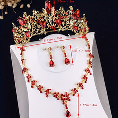 Red Rhinestone Crown Tiara Necklace Earrings Set