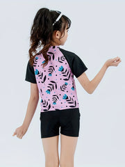 Girls Cartoon Flower T shirt & Shorts & Cap Swimsuit Set