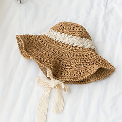 Hollow Crochet Bucket Hat Lace Ribbon Tie Wide Brim Straw Sun Hat