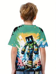 Building Block Man 3D Print Boy's Casual Tees Short Sleeve Crew Neck