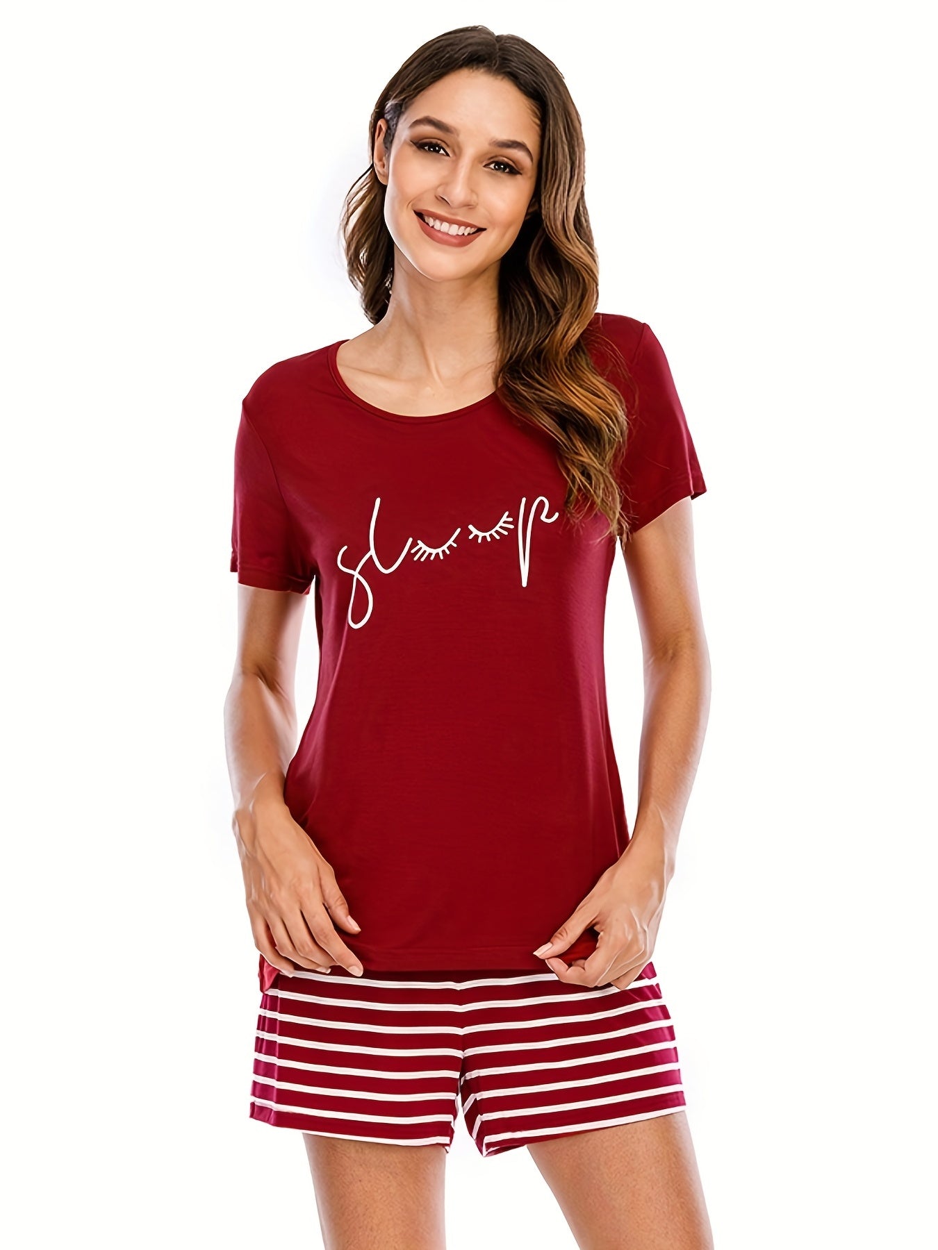 Cat Print Pajama Set Short Sleeve Top & Striped Shorts