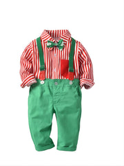 Boys Christmas Striped Bow Tie Overalls Set