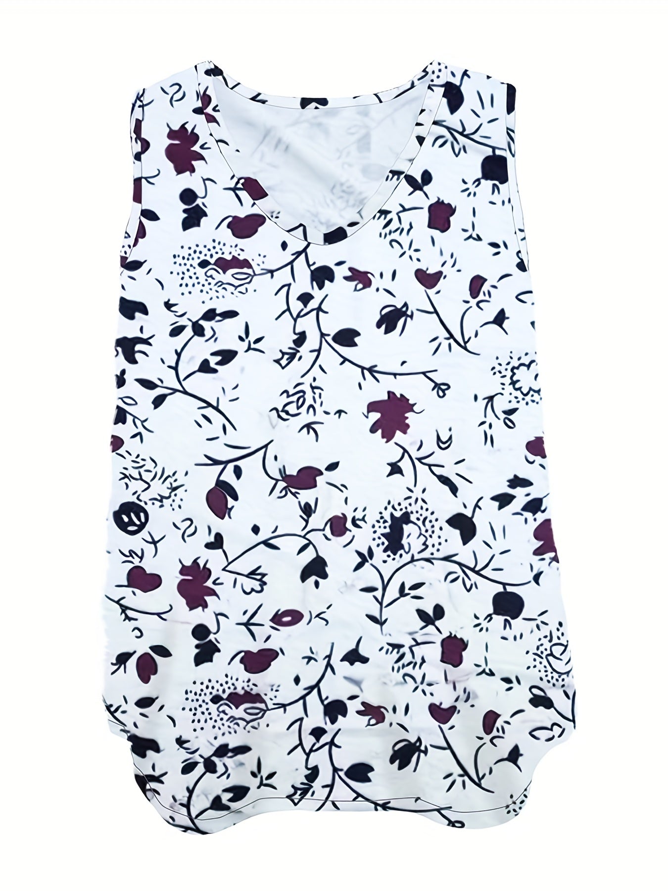 Floral Print V Neck Tank Top Medium Stretch Plus Size Casual