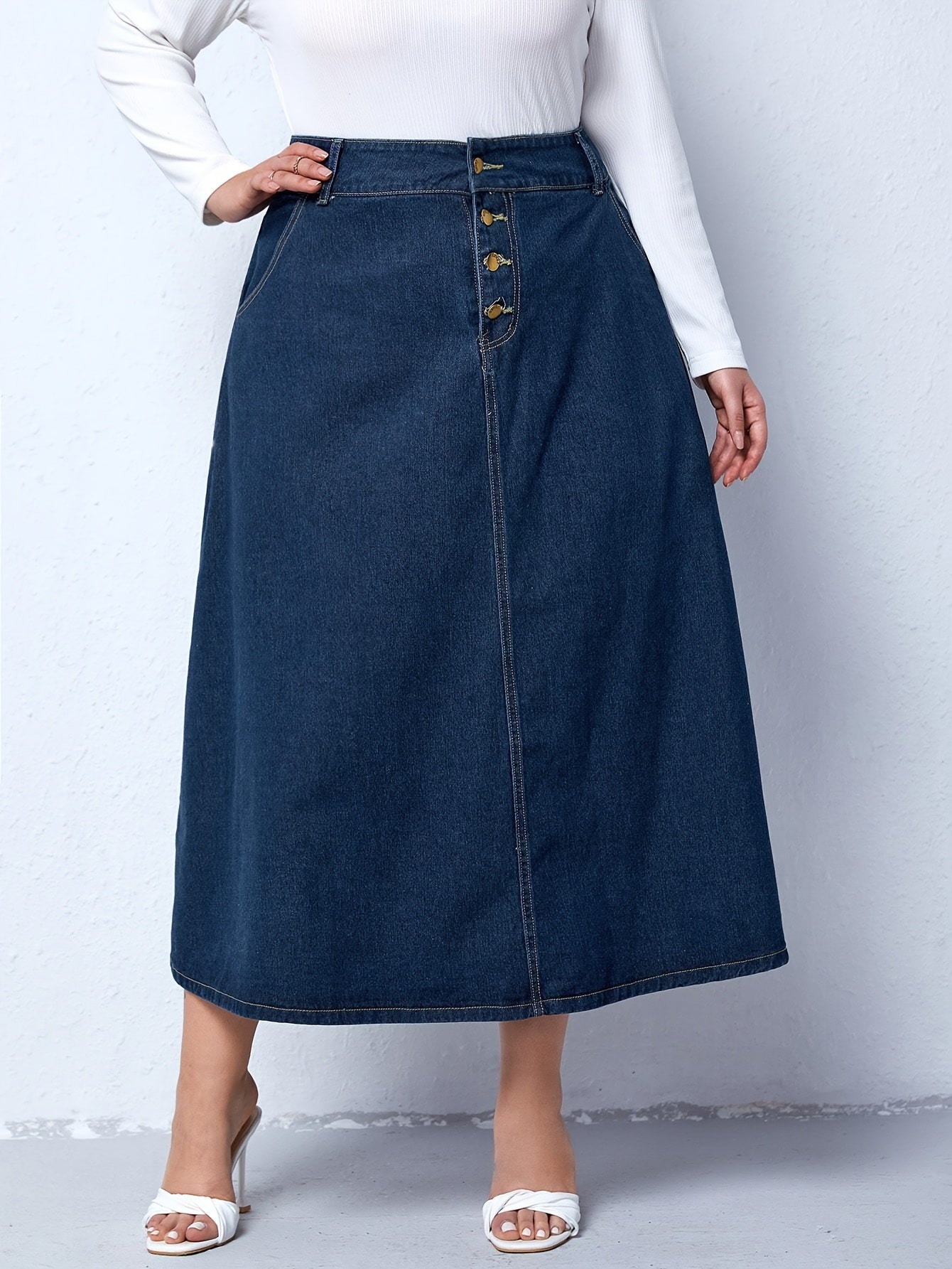 Preppy Denim Skirt High Rise Loose Fit With Pockets