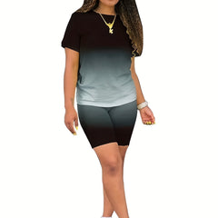 Gradient Casual 2pc Set Crew Neck Tee & Slim Shorts Outfits Women's Clothing