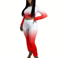 Gradient Ruched 2 Pc Set Crew Neck LS Top & Slim Pants Outfits Women's Clothing
