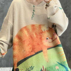 Cartoon Cat Print Long Sleeve Pullover Jumper