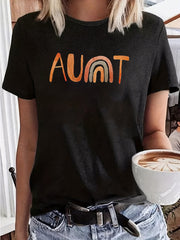 Aunt Letter & Rainbow Print T-shirt Round Neck Short Sleeve Fashionable Tee