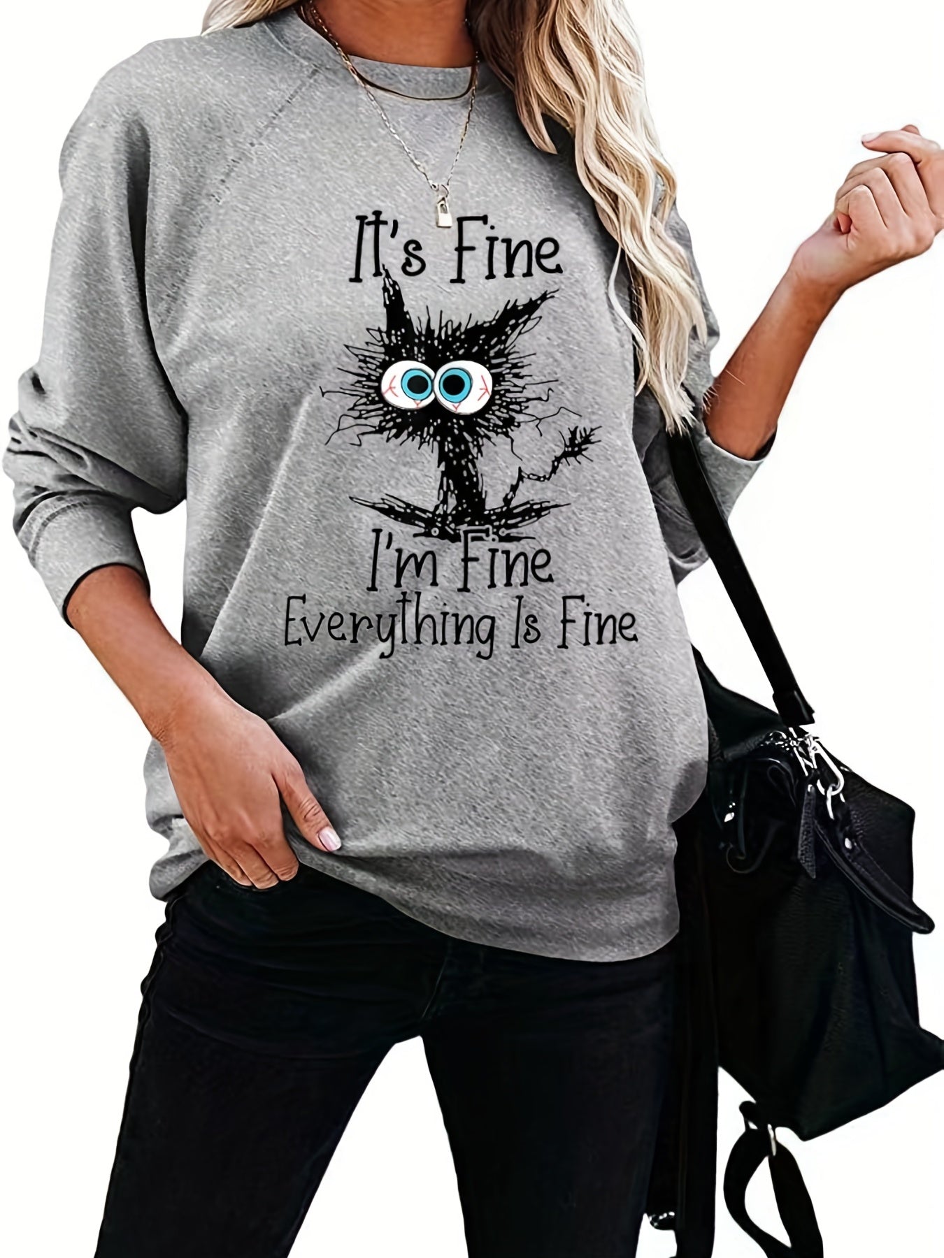 Cartoon Cat Sweatshirt Casual Crew Neck Women's Clothing