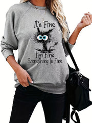 Cartoon Cat Sweatshirt Casual Crew Neck Women's Clothing