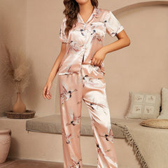 Crane Print Pajama Set Short Sleeve Button Up Top & Elastic Waistband Pants