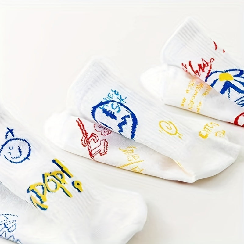 3 Pairs Cartoon Graffiti Socks Comfy Mid-Tube Women's Stockings