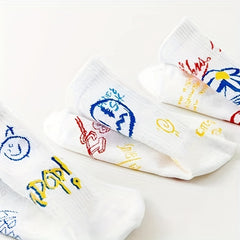 3 Pairs Cartoon Graffiti Socks Comfy Mid-Tube Women's Stockings