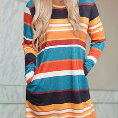 Colorful Stripe Print Long Sleeve Dress With Pockets