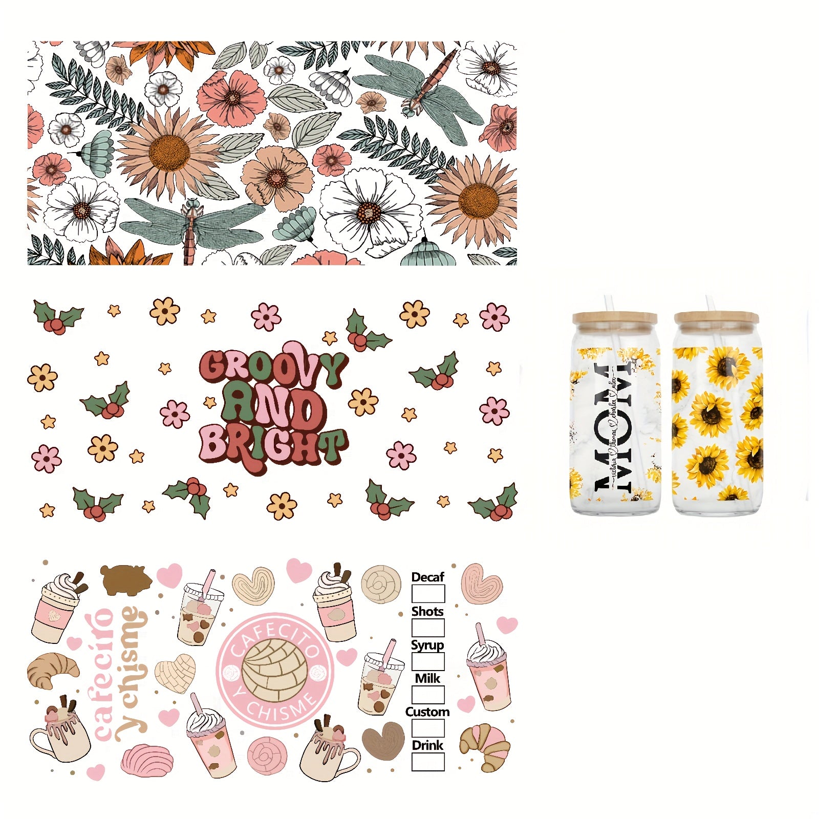 Christmas Stickers 16oz Glass Tumbler DIY Transfer Cup Accessories