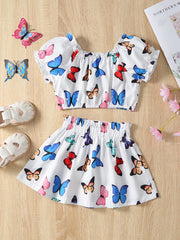2pcs Girls Butterfly Print Bardot Top & Skirt Set