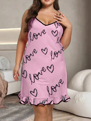 Heart & Letter Print Ruffle Trim Cami Sleep Dress