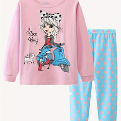 Girls Biker Girl Print Long Sleeve Top & Heart Print Trousers Cotton Pajamas Set