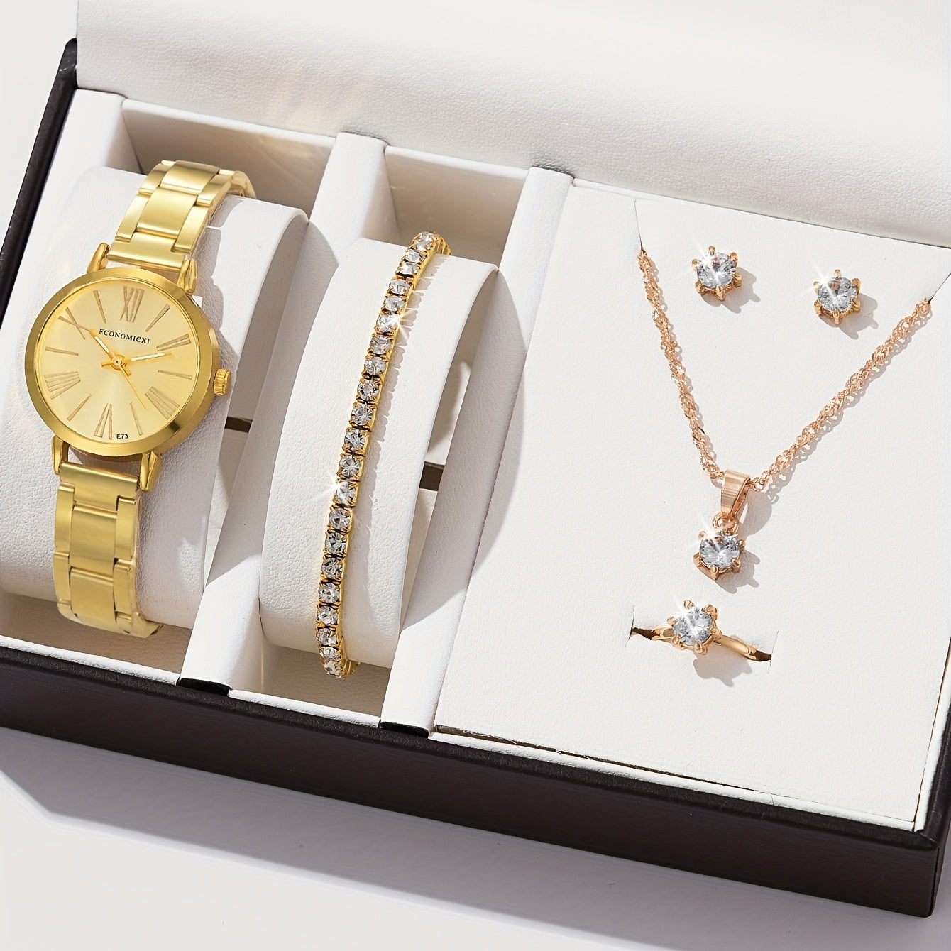 6pcs Roman Golden Steel Band Quartz Watch Set