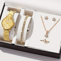 6pcs Roman Golden Steel Band Quartz Watch Set
