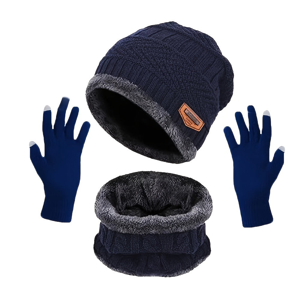 Winter Fleece Set Knit Beanie Hat Scarf Touch Screen Gloves