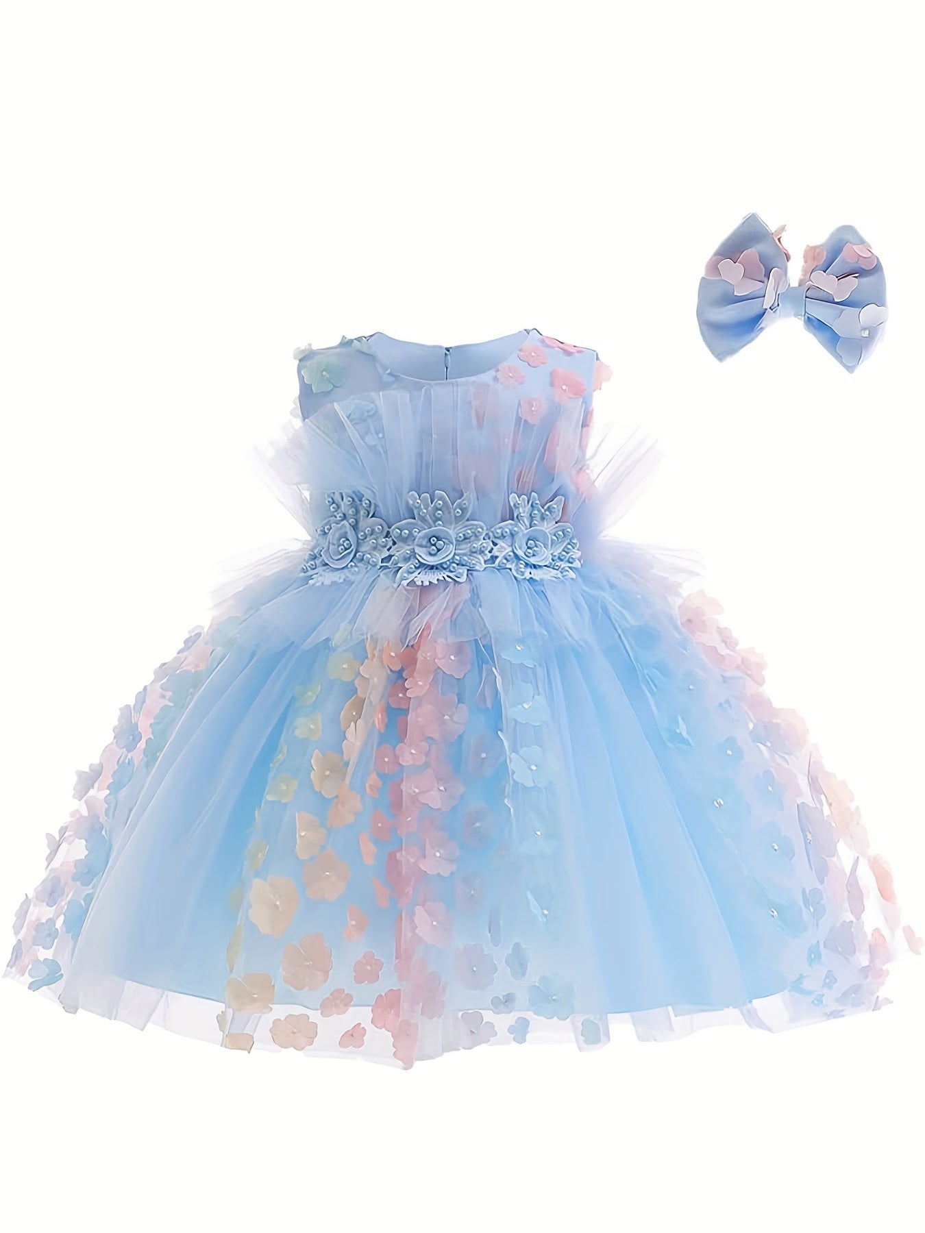 Flower Decor Sleeveless Mesh Gown Princess Dress & Headband Set