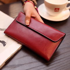Women's Slim Long Wallet with Buckle Closure Red Brown Polyester Lined
