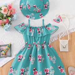 2pcs Toddler Girls Flowers Graphic Dress & Hat Set For Party Beach Vacation