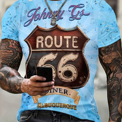 Retro 66 Print Tee Shirt Men's Casual Street Style Stretch Round Neck Tee