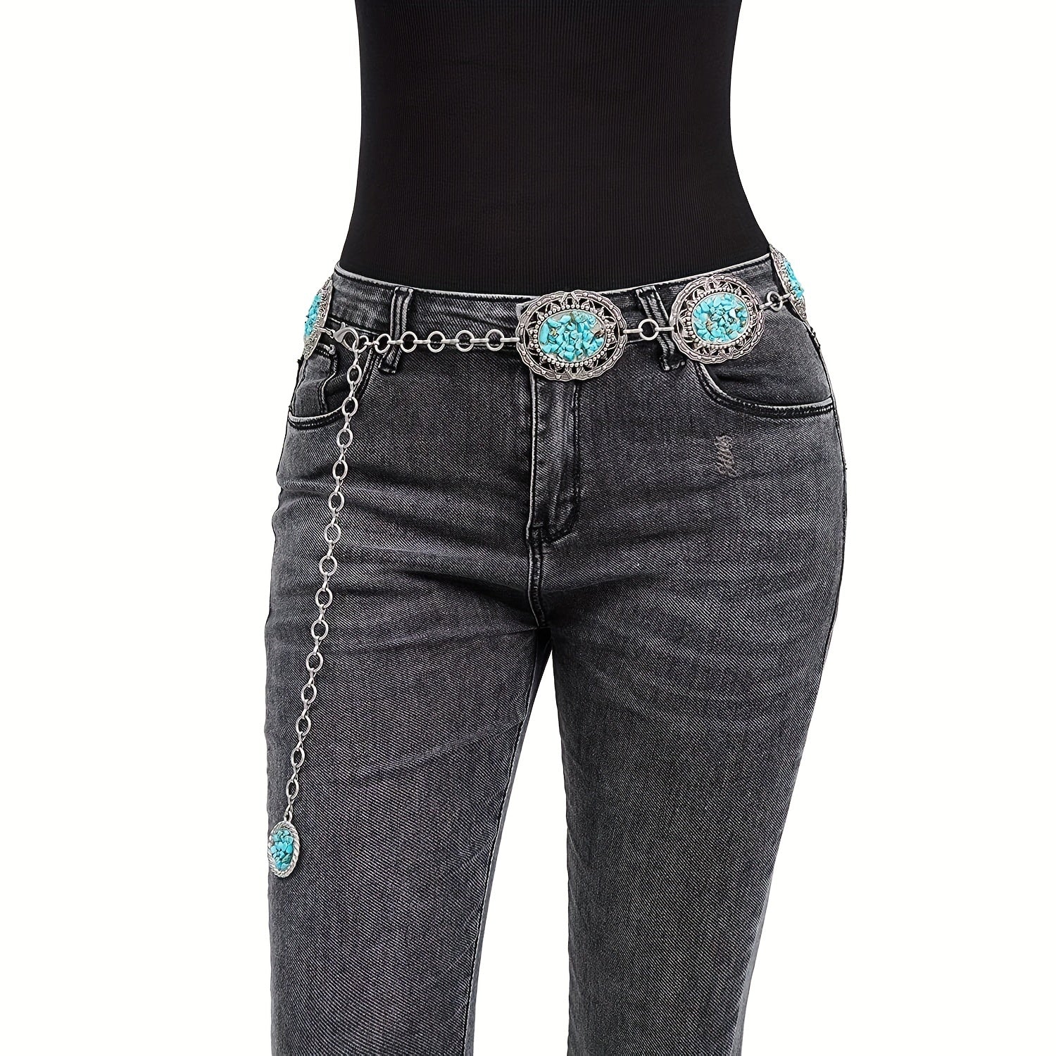 Turquoise Decor Boho Waist Chain Hollow Out Metal Waistband Chain Belt