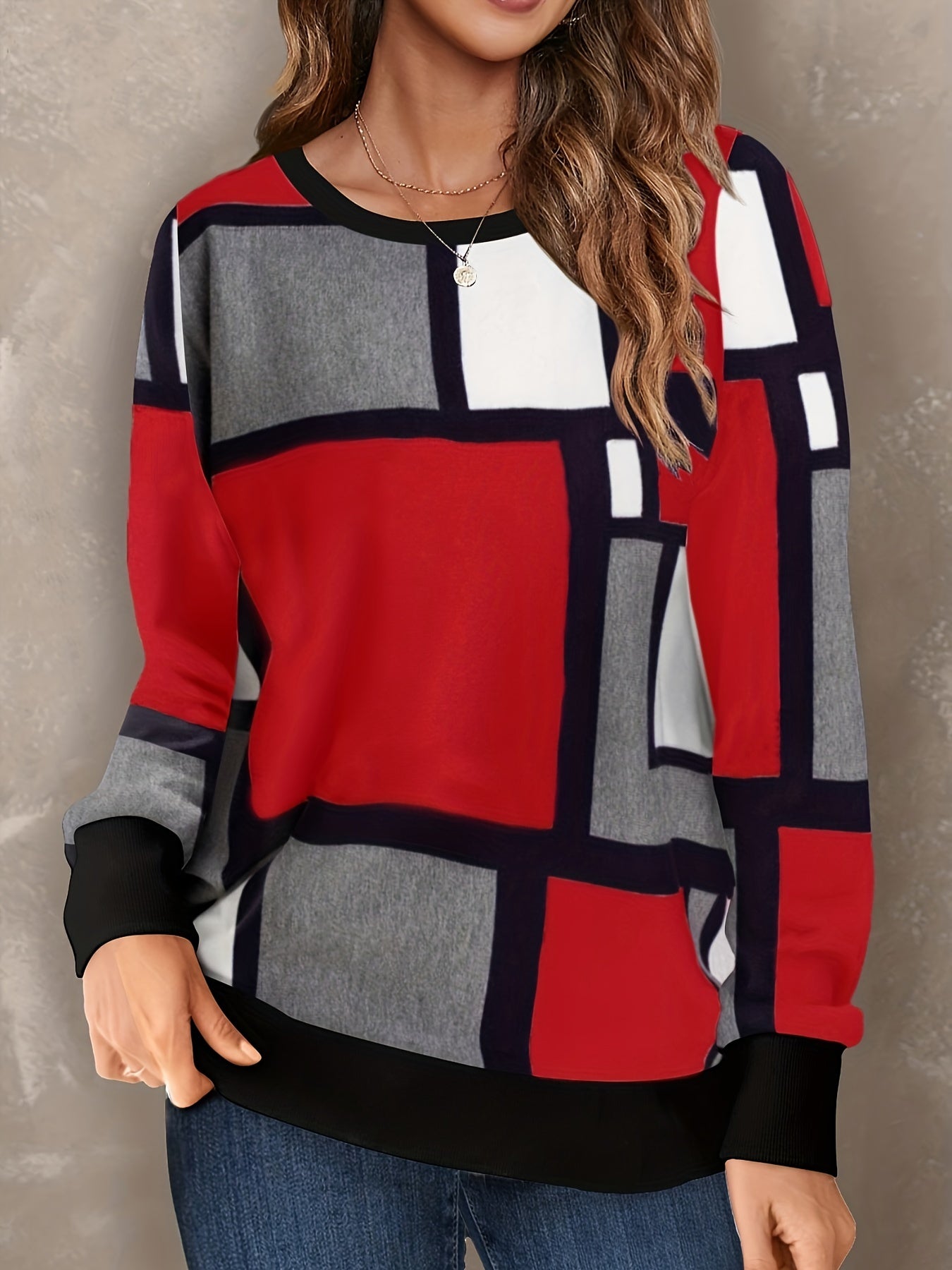 Block Crew Neck Pullover Sweatshirt for Women