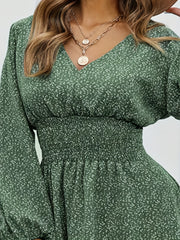 Floral Print V Neck Dress Long Sleeve for Women