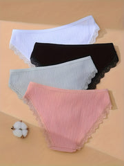 4pcs Lace Ribbed Briefs Women's Lingerie Panties