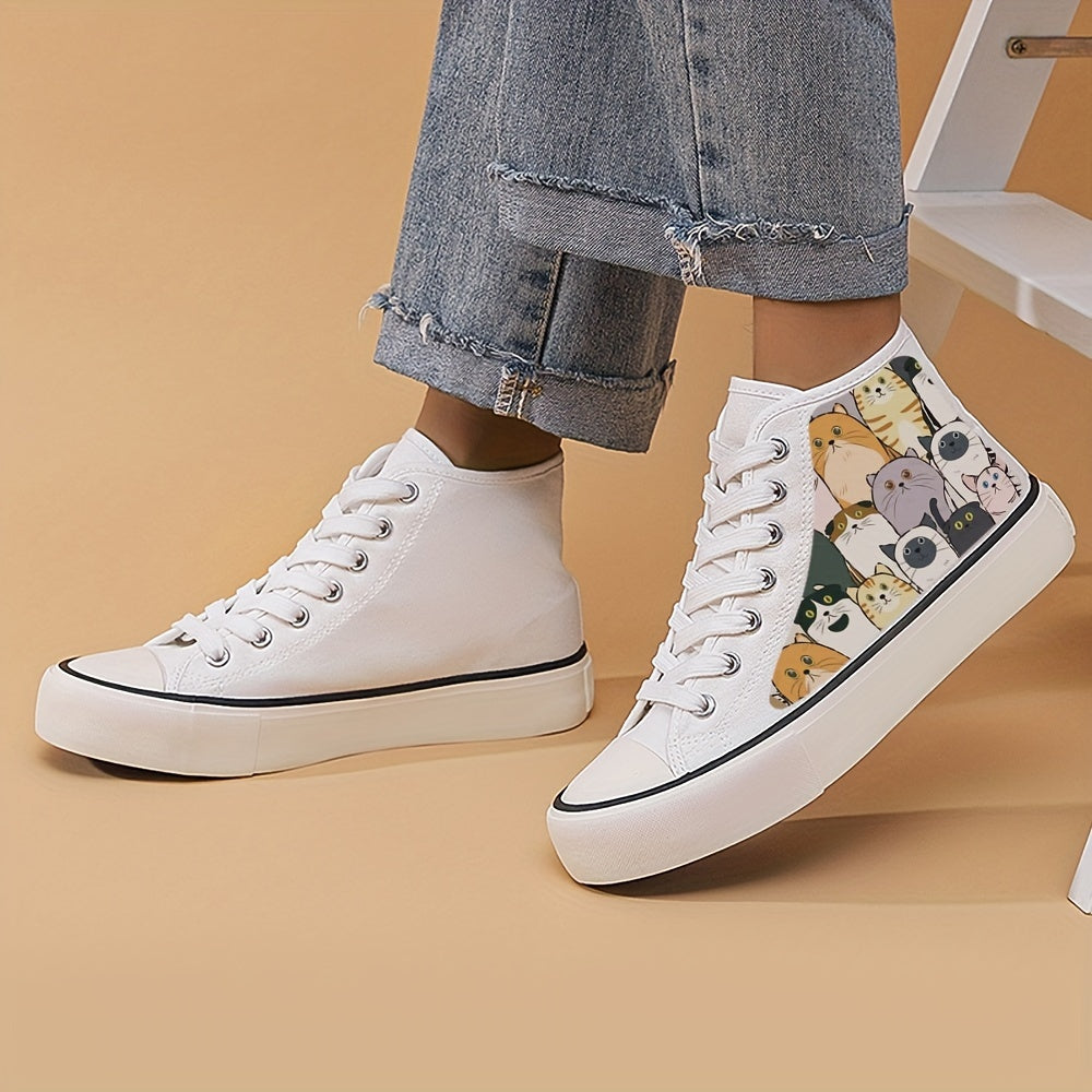 Girl's High Top Cartoon Cats Pattern Skate Shoes