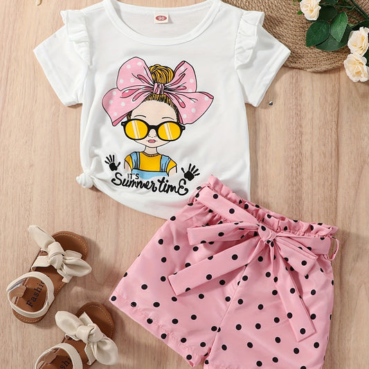 2pcs Girls Ruffle T Shirt & Polka Dot Belted Shorts Set