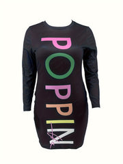 Casual Dress Women's Plus Letter Print Long Sleeve Round Neck Mini Dre