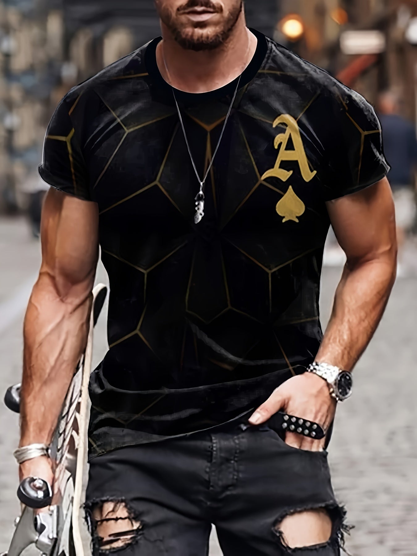 Men's Spade A Print Sports T-shirt Round Neck Tee Shirt