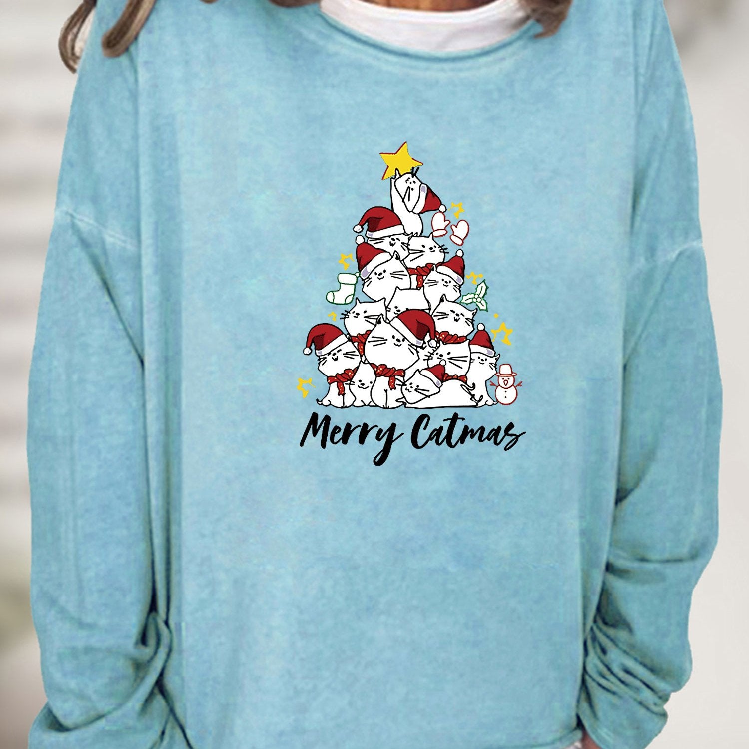 Christmas Cat Tree Print Sweatshirt Casual Long Sleeve Crew Neck
