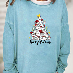 Christmas Cat Tree Print Sweatshirt Casual Long Sleeve Crew Neck