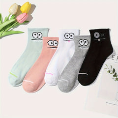 5 Pairs Cartoon Eyes Print Socks Crew Stockings Women's Hosiery