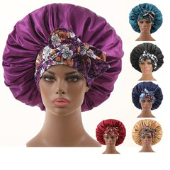 Satin Bonnet Flower Printed Lace Up Wide Headband Hair Bonnet