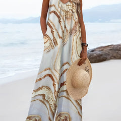 Marble Print Wide Leg Spaghetti Jumpsuit Sleeveless Casual Jumpsuit
