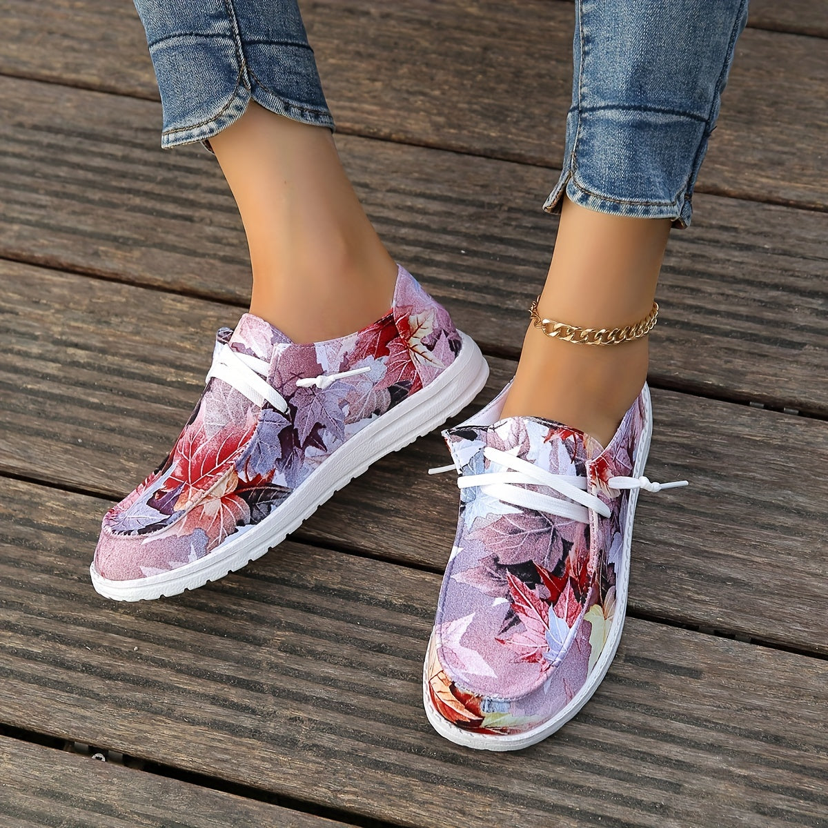 Women's Maple Leaf Print Canvas Shoes Casual Lace Up Outdoor Sneakers