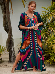 Butterfly Print Kaftan Cover Up Dress V Neck Loose Fit Short Sleeves