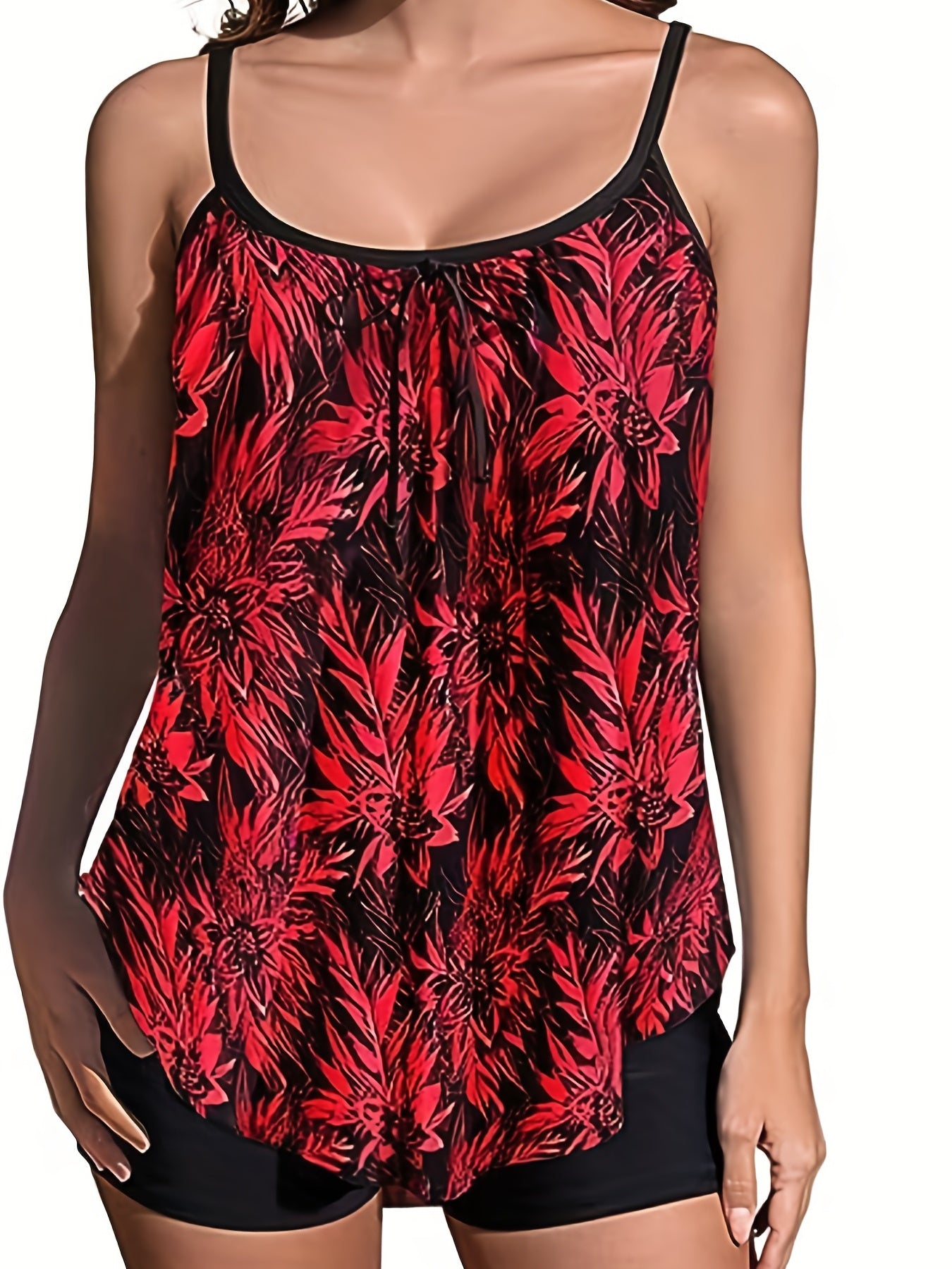 Floral Print Tankini Set Tie Front Cami Top & Shorts Swimsuit 2 Piece