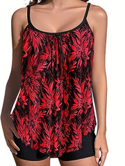 Floral Print Tankini Set Tie Front Cami Top & Shorts Swimsuit 2 Piece