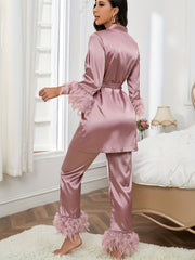 Feather Trim Satin Pajama Set & Robe