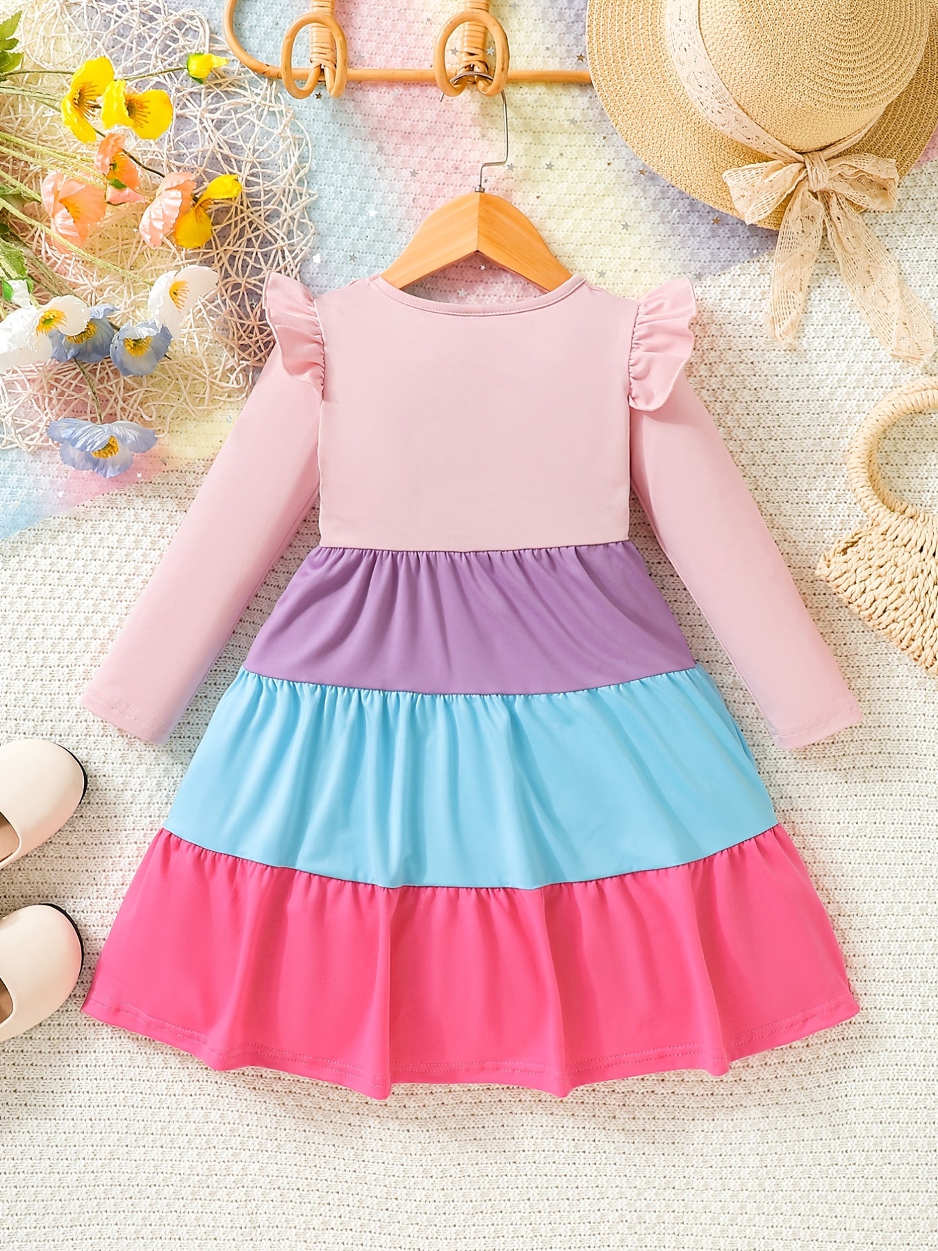 Girls Rainbow Tiered Long Sleeve Casual Swing Dress