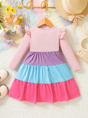 Girls Rainbow Tiered Long Sleeve Casual Swing Dress