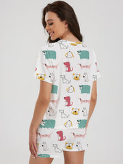 Cartoon Dog Print Lounge Set Short Sleeve Top & Shorts Women's Loungewear